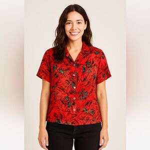 SMASH + TESS | Silk Red and Green Floral Blouse Button Up Short Sleeve Shirt